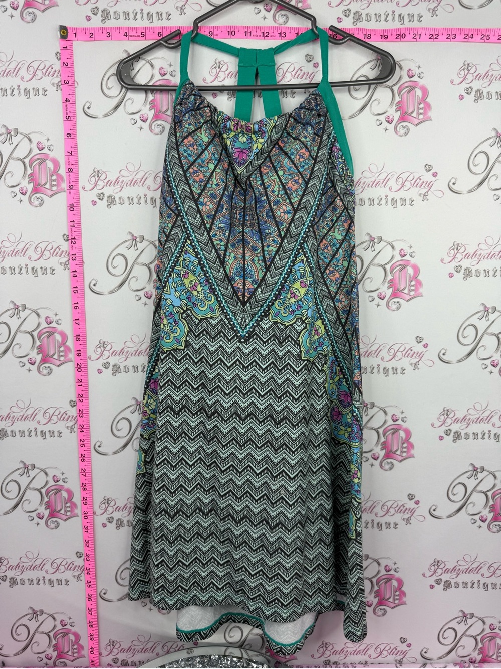 Prana dress Teal-Strap Midi Halter Dress with Multicolor Geometric Paisley Print